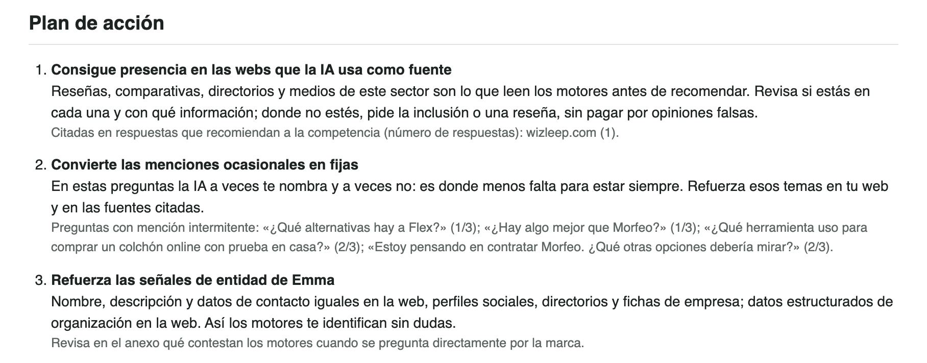 Plan de acción del informe: conseguir presencia en las webs que usa la IA, convertir menciones ocasionales en fijas y reforzar las señales de entidad de la marca.
